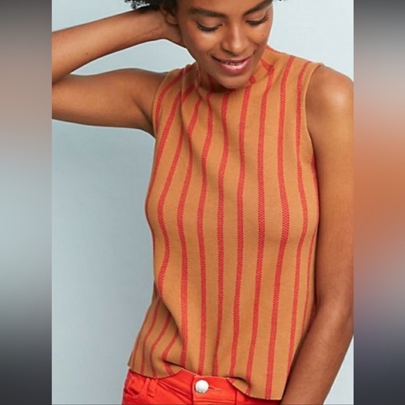Anthropologie Moth Rochester Tan & Red Vertical Stripes Mock Neck Minimalist top - Picture 1 of 16